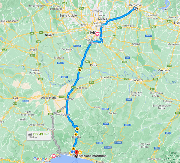 route by car from bergamo airport to genoa port