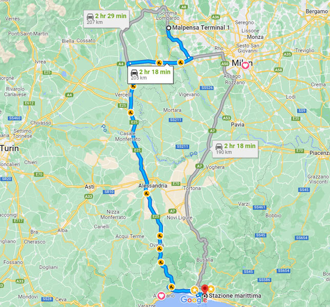 route from Malpensa airport to genoa